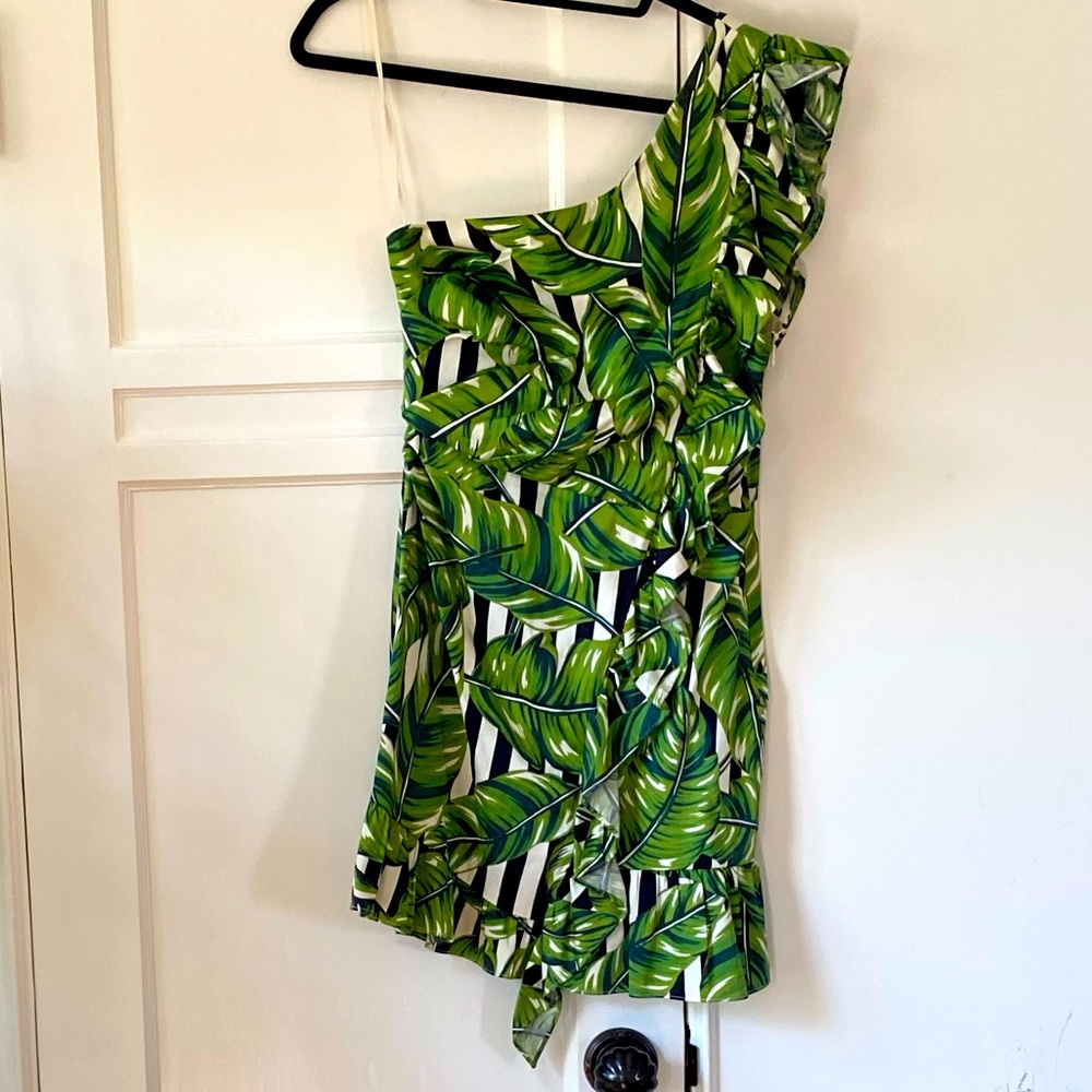 One shoulder sexy palm print mini dress